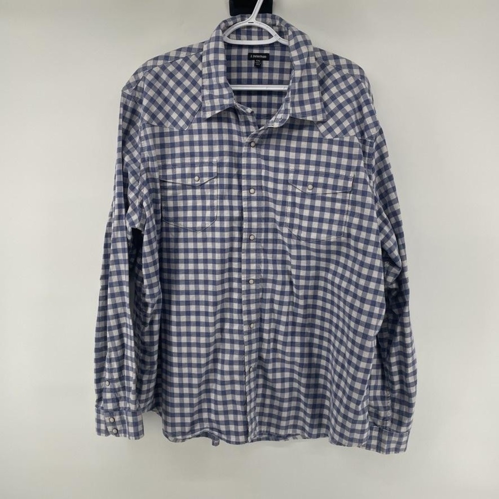 J. Peterman Shirt Mens 2XL Blue Check Western Snap Front Long Sleeve Casual